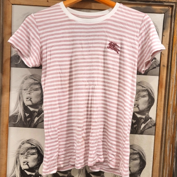 Burberry London white & pink light striped round collar top tee blouse